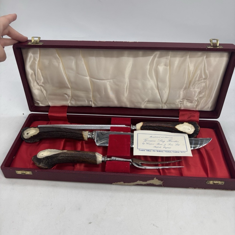 KIRK & MATZ CARVING SET BEAUTIFUL VTG 3PC GENUINE STAG HANDLES+PRESENTATION CASE